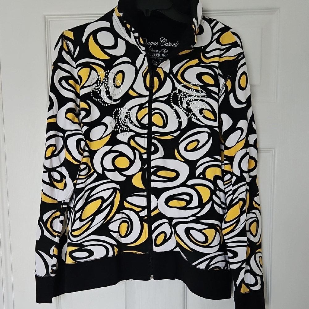 Onque Casuals Swirl Pattern Bomber Jacket in Black, White, and Yellow